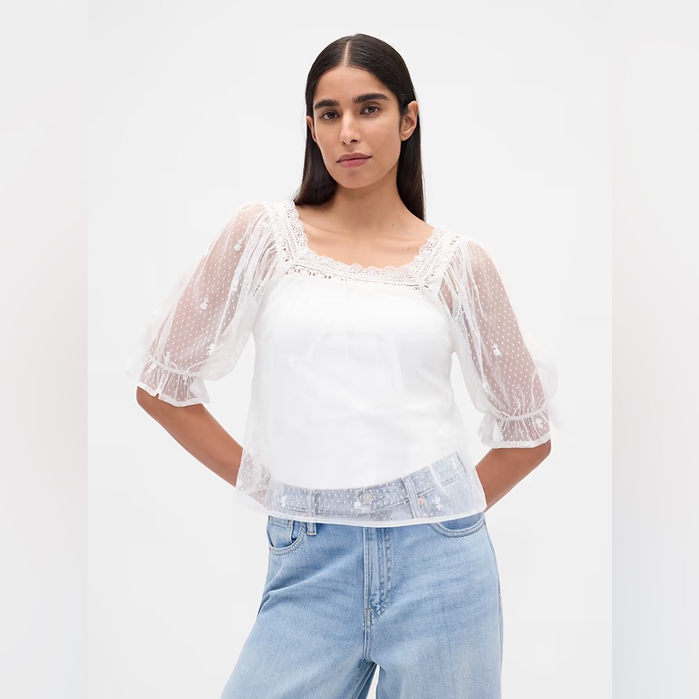 Gap Fresh White Sheer Tulle Embroidered Top Size Xs